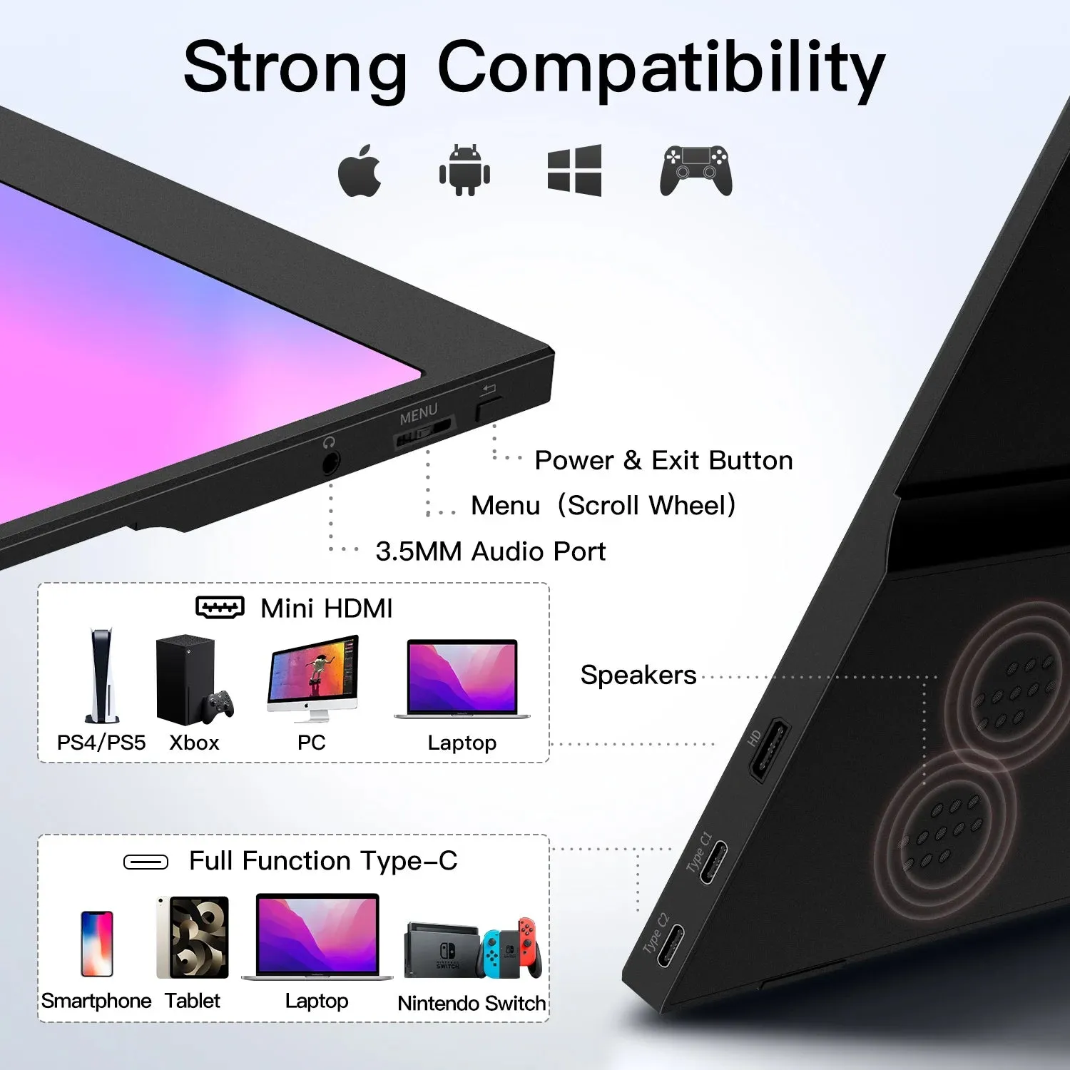 15.6 Inch Portable Monitor for Laptop, 1080P 72 NTSC 100 Srgb USB C HDMI Travel External