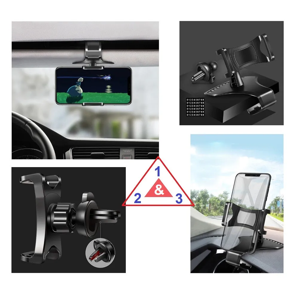 3 in 1 Car GPS Smartphone Holder: Dashboard / Visor Clamp   AC Grid Clip for Huawei Y6 II Compact Dual - Black