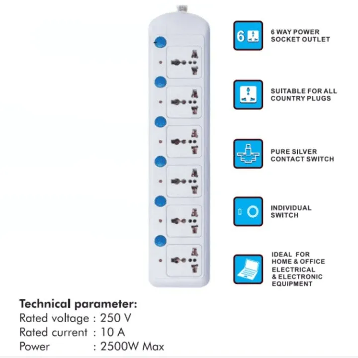 6 Plug Socket 5 Meters Extension Flex Box Individual Switch 5 Meters