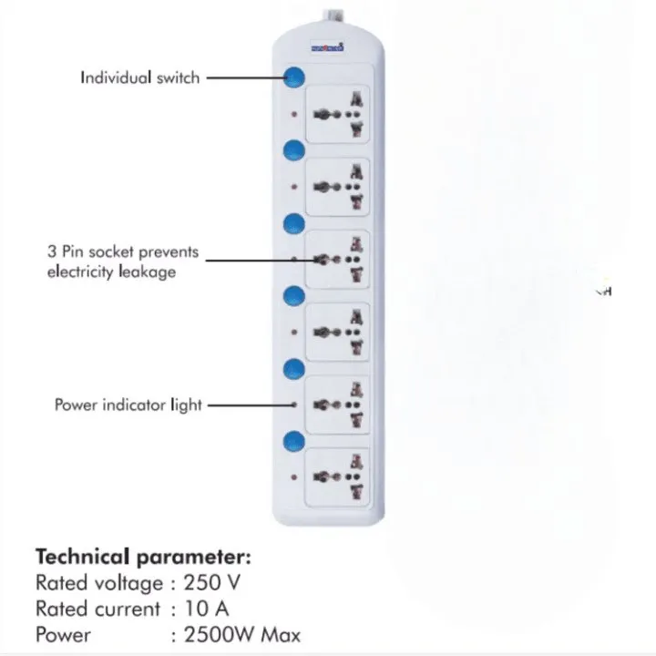 6 Plug Socket 5 Meters Extension Flex Box Individual Switch 5 Meters