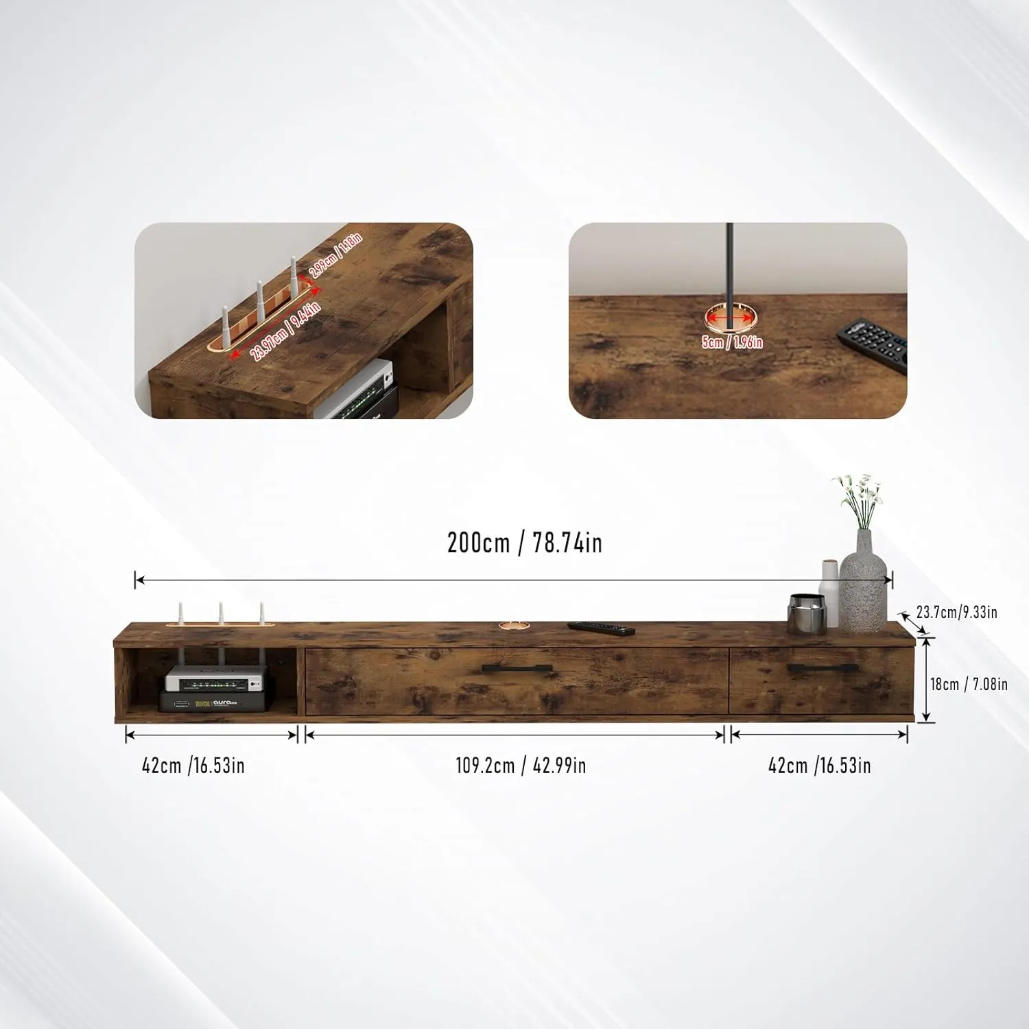 78" Rustica Floating TV Stand, Dark Brown