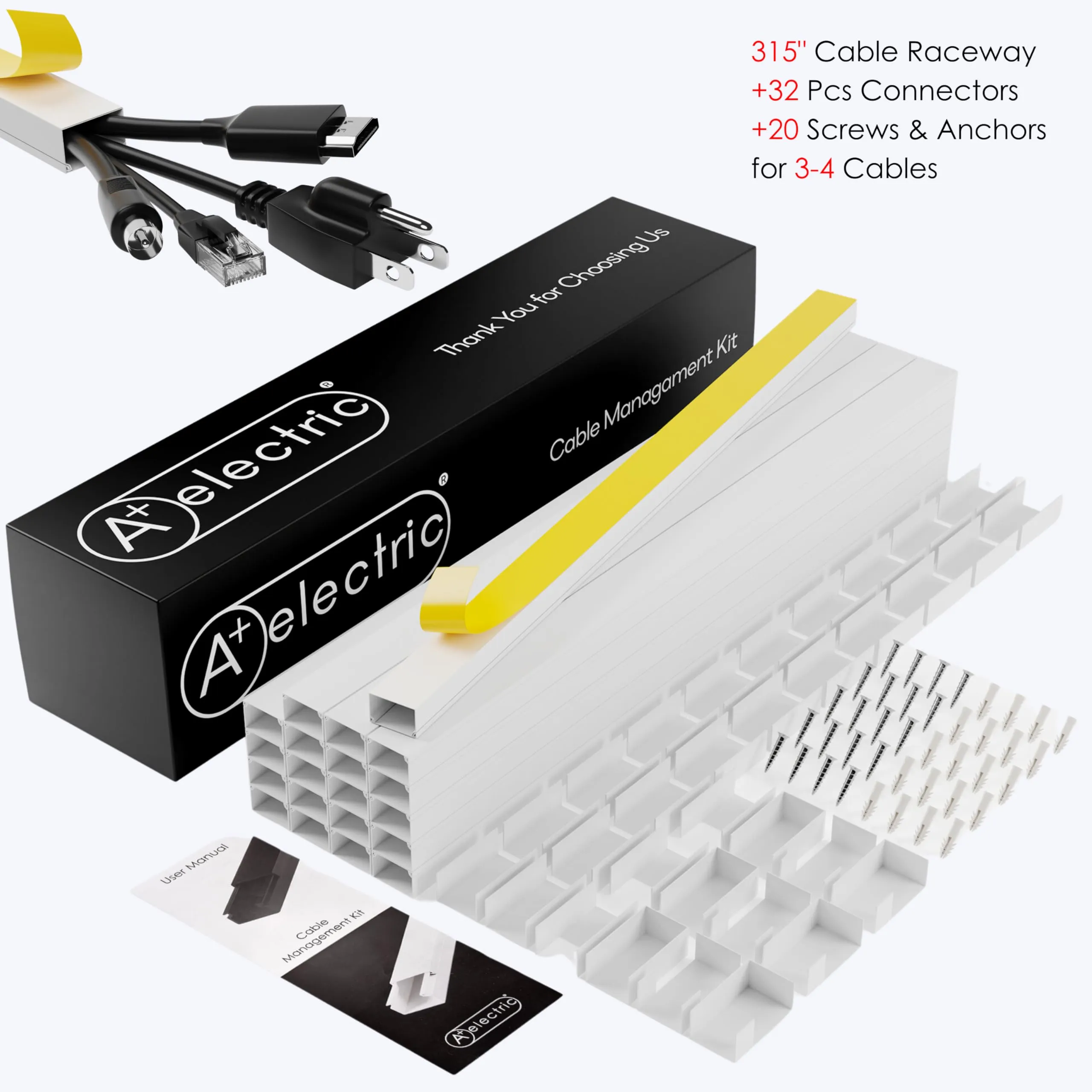 A  ELECTRIC 315" Cable Hider, Wire Cover, Cables Raceway for Cord Hide, Long, Large, White and paintable Cords Cover Concealer Conduit Channel, TV, Ethernet Molding Electrical Wires Management Kit