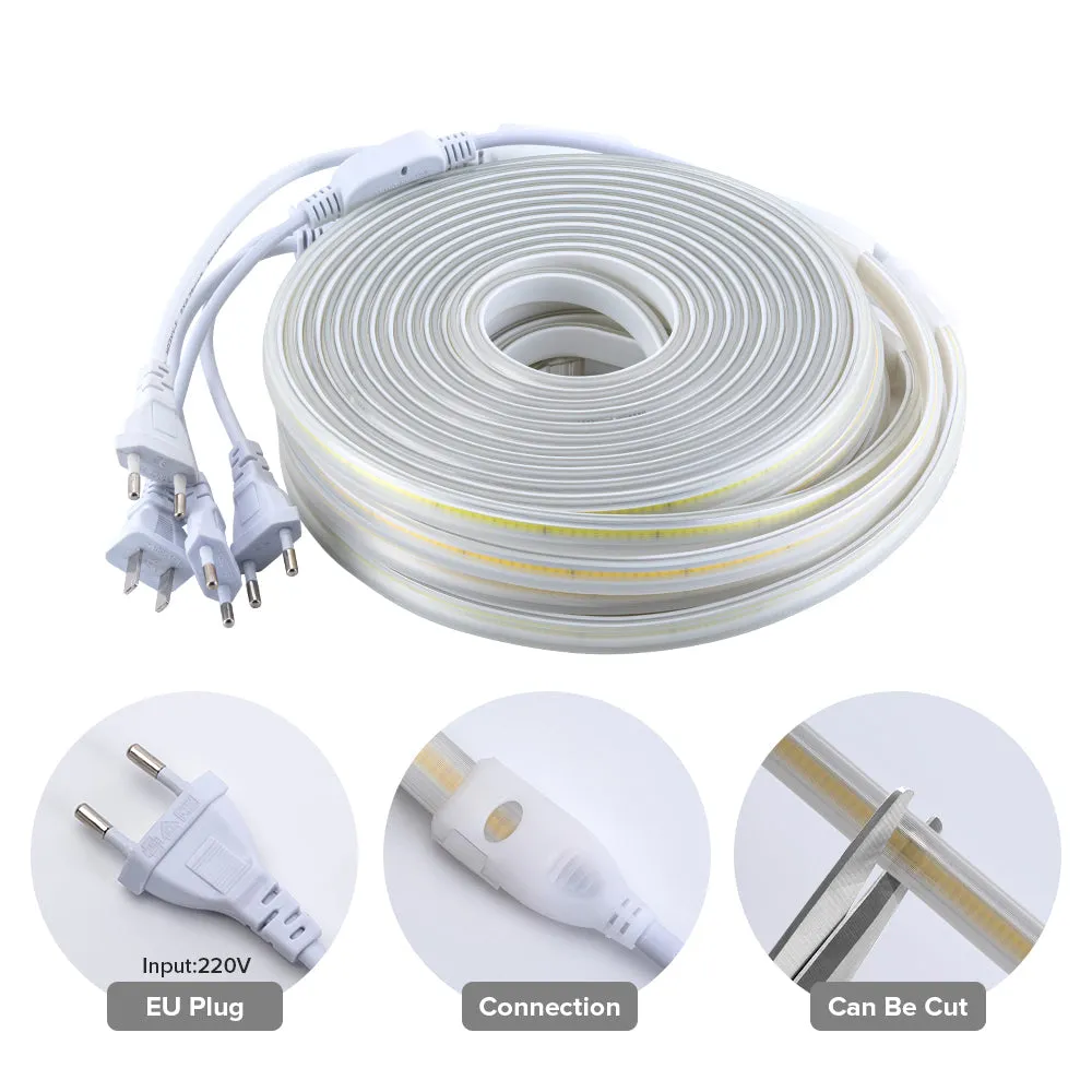 AC220V FCOB LED Light Strip Cold Nature Warm White High Brightness Density 288 420 Leds Safety Flexible IP65