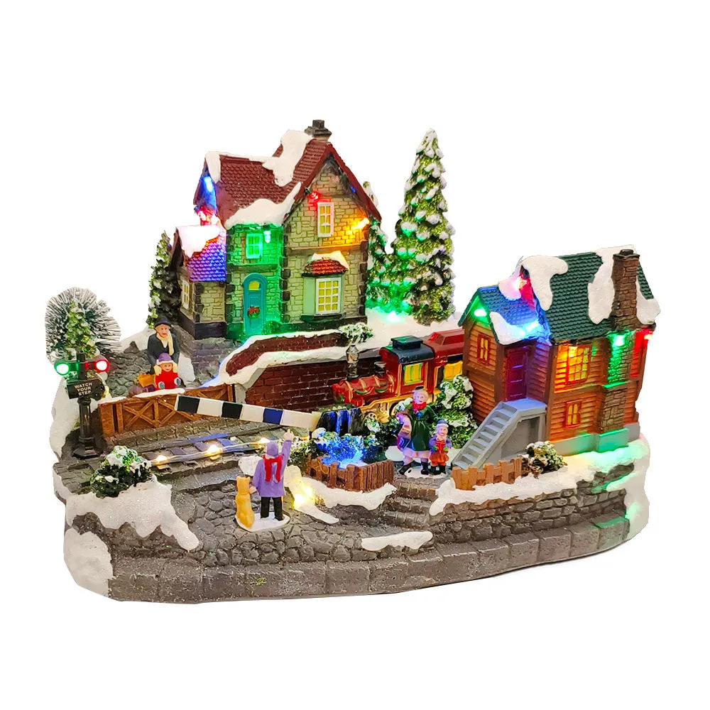Animated Christmas Village with Train Station Musical Light-up Snowy Scene