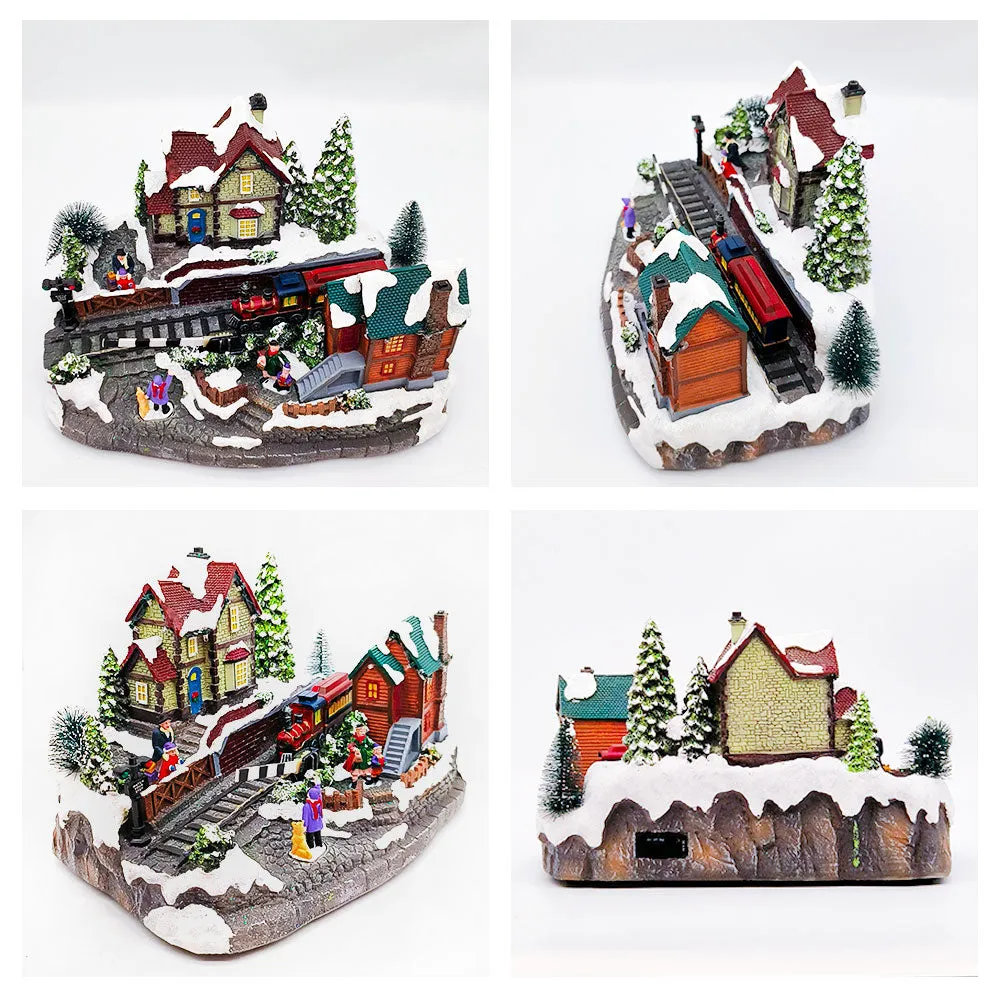 Animated Christmas Village with Train Station Musical Light-up Snowy Scene