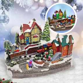 Animated Christmas Village with Train Station Musical Light-up Snowy Scene