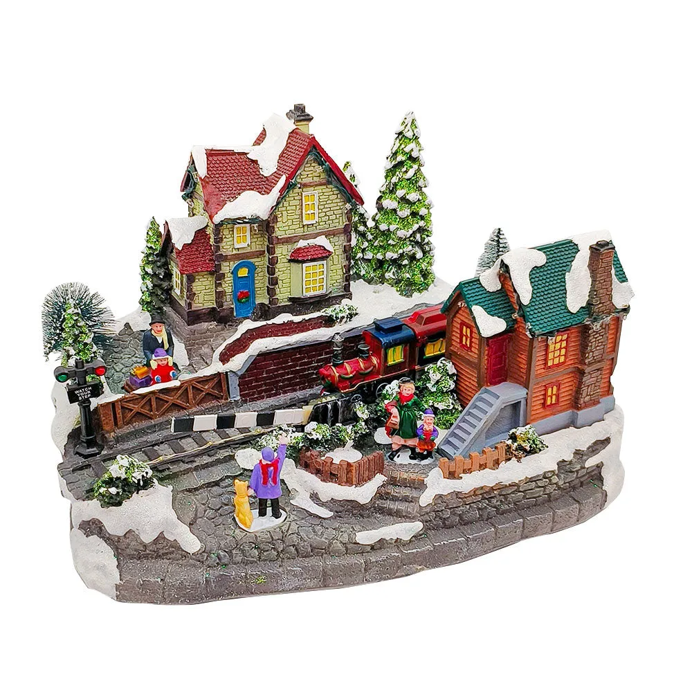 Animated Christmas Village with Train Station Musical Light-up Snowy Scene