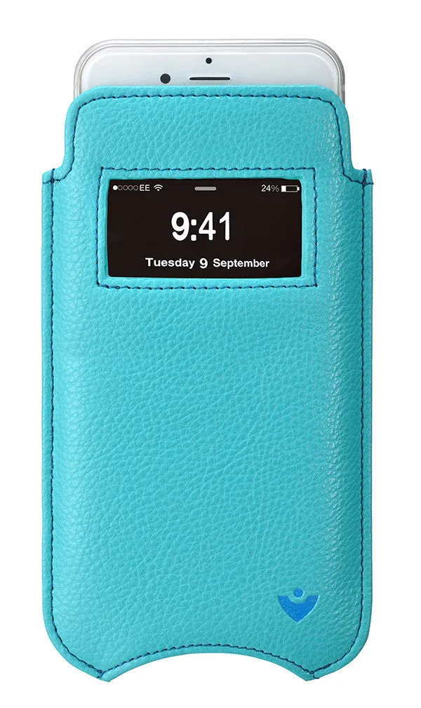 Apple iPhone 13 Pro Max Wallet Case in Teal Blue Vegan Leather | Screen Cleaning Sanitizing Lining | Smart Window