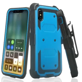 Apple iPhone X | iPhone Ten Case,  Triple Protection 3-1 w/ Built in Screen Protector Heavy Duty Holster Shell Combo Case - Blue