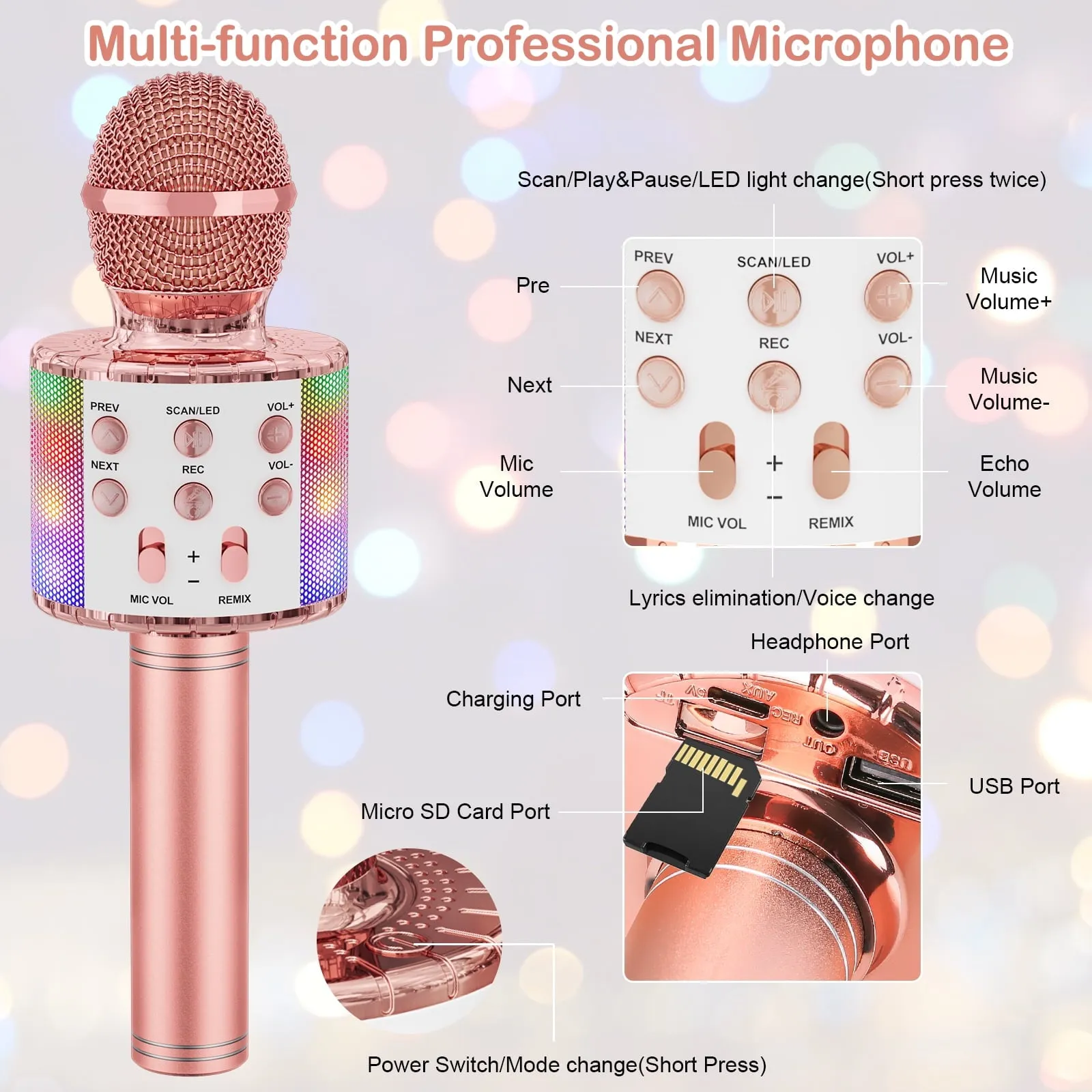 BONAOK Karaoke Microphone for Kids, Portable Wireless Bluetooth Microphone with LED Lights, Karaoke Mic Speaker Machine for Girls Boys Gifts(Rose Gold)
