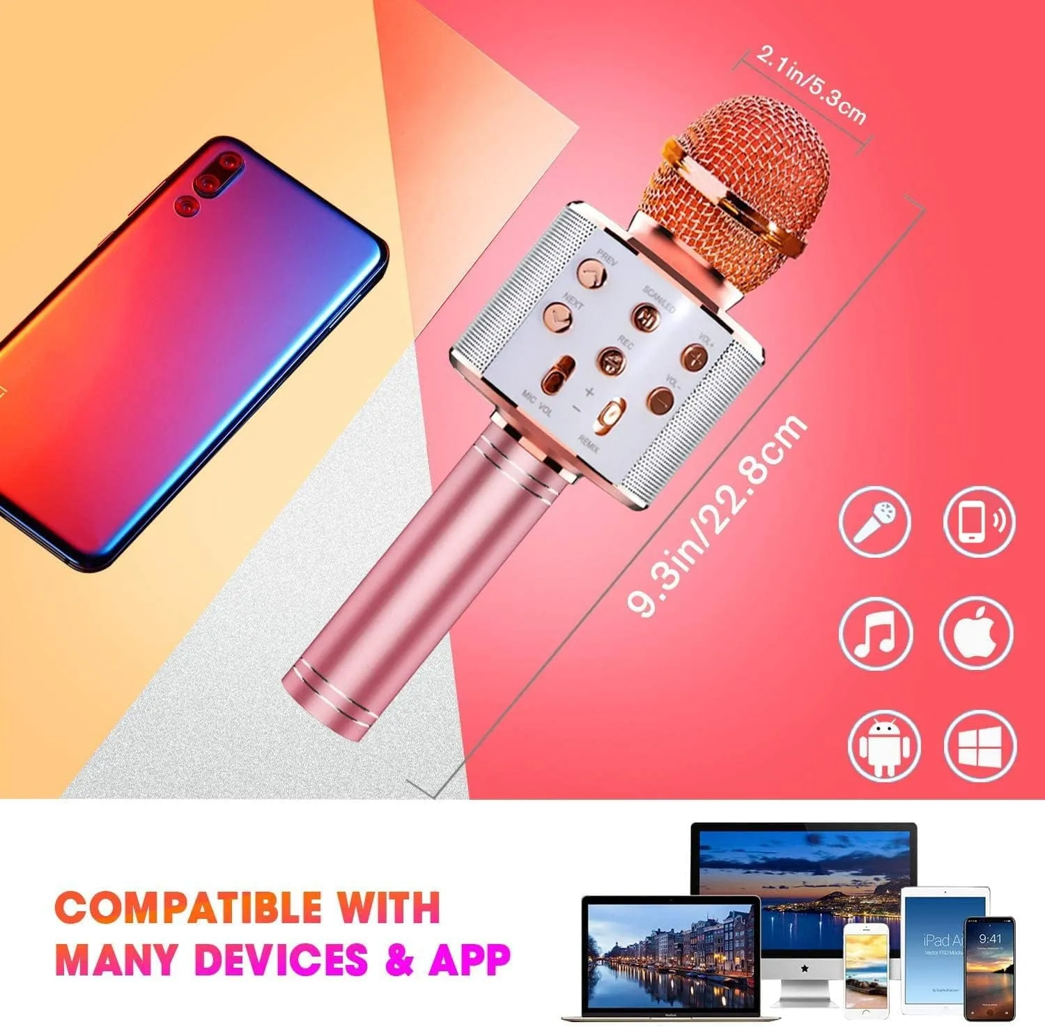 BONAOK Karaoke Microphone for Kids, Portable Wireless Bluetooth Microphone with LED Lights, Karaoke Mic Speaker Machine for Girls Boys Gifts(Rose Gold)