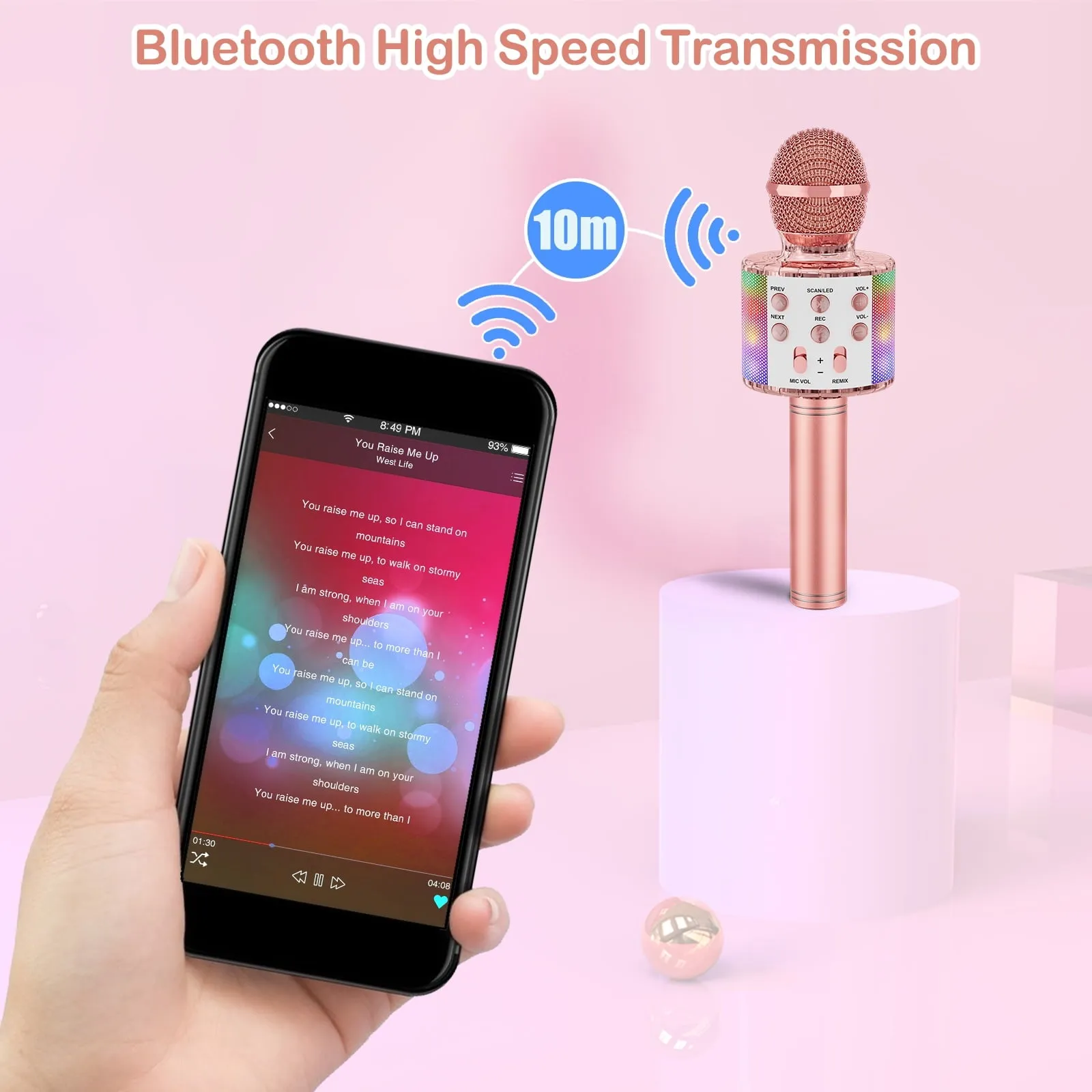 BONAOK Karaoke Microphone for Kids, Portable Wireless Bluetooth Microphone with LED Lights, Karaoke Mic Speaker Machine for Girls Boys Gifts(Rose Gold)