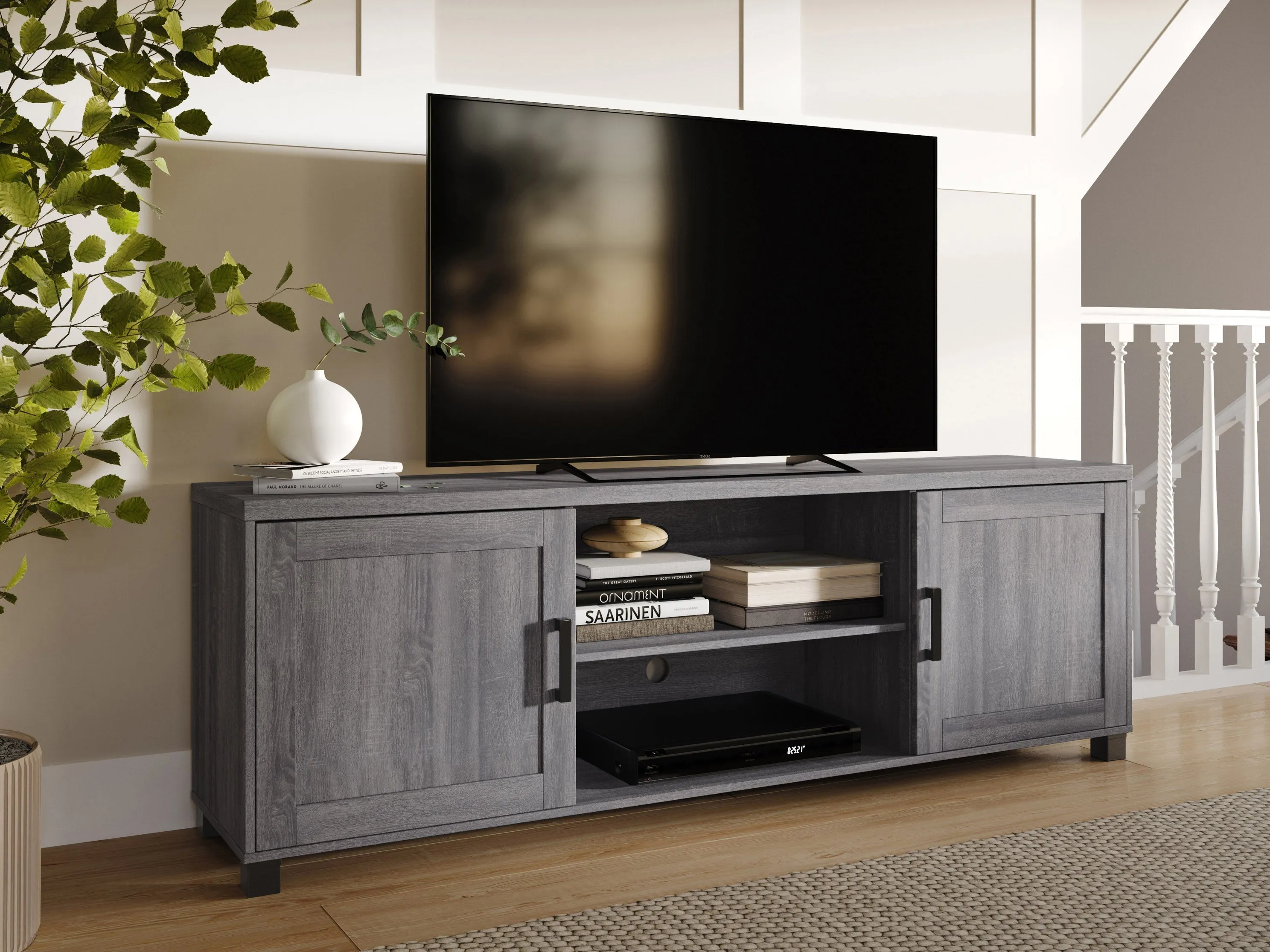 Dark Grey TV Stand with Doors, TVs up to 85"