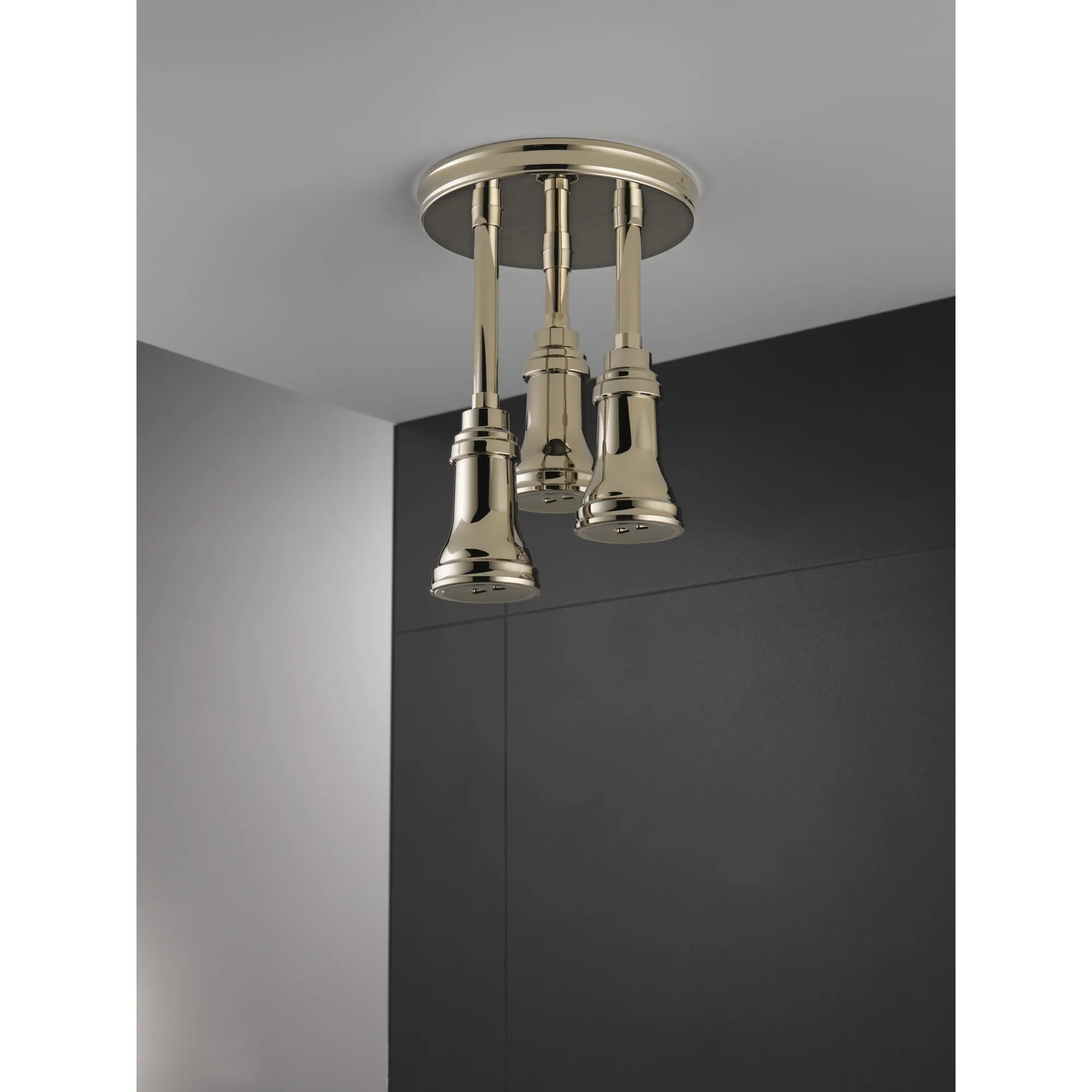 Delta Polished Nickel Finish 2.5 GPM H2Okinetic Pendant Triple Ceiling Mount Raincan Shower Head with Water-Powered LED Light D57190PN25L