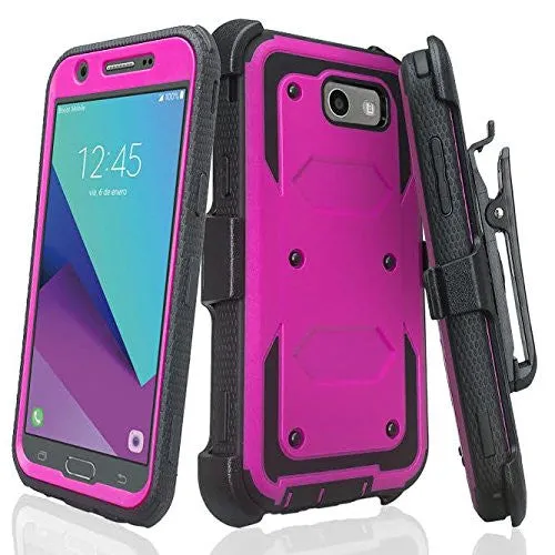Galaxy J3 Emerge Case, Shockproof Armor   [Temper Glass Screen Protector] Heavy Duty Holster Shell Combo Case for Samsung Galaxy J3 Emerge - Purple/Black