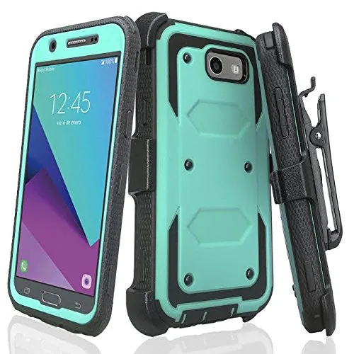 Galaxy J3 Emerge Case, Shockproof Armor   [Temper Glass Screen Protector] Heavy Duty Holster Shell Combo Case for Samsung Galaxy J3 Emerge - Teal/Grey