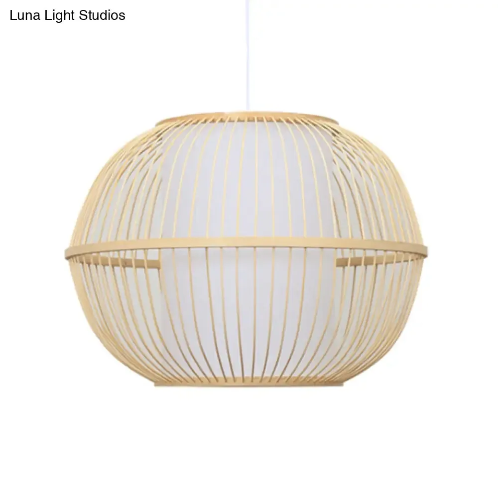 Handmade Asian Style Bamboo Hanging Light Fixture - 12"/14" Width, 1-Light, Beige Suspended Lamp with White Inner Shade