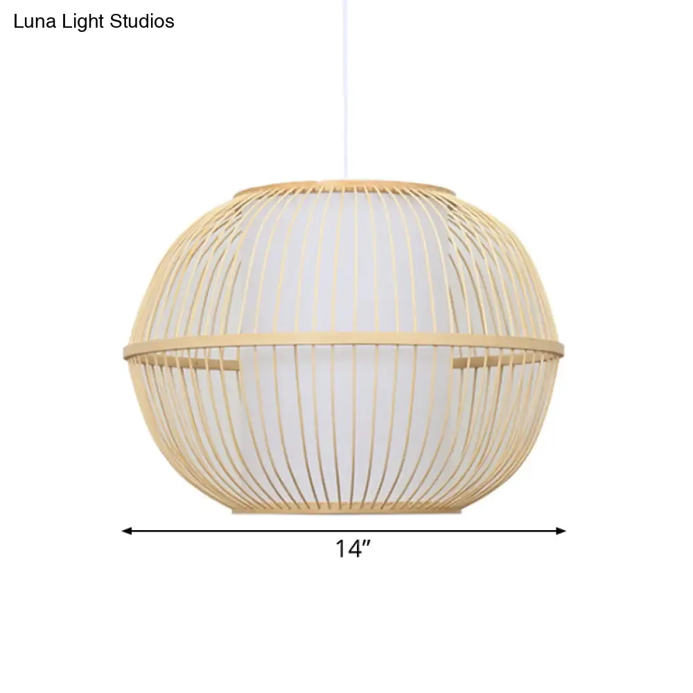Handmade Asian Style Bamboo Hanging Light Fixture - 12"/14" Width, 1-Light, Beige Suspended Lamp with White Inner Shade