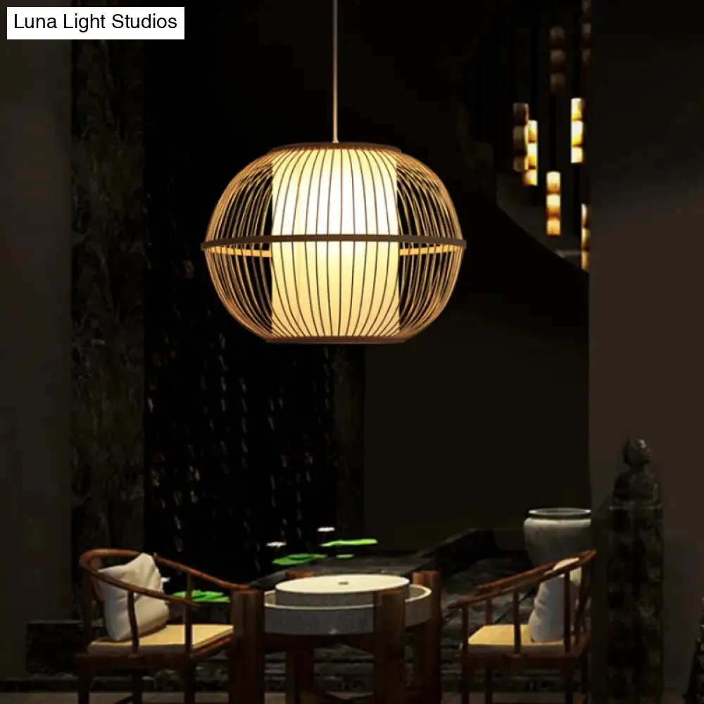 Handmade Asian Style Bamboo Hanging Light Fixture - 12"/14" Width, 1-Light, Beige Suspended Lamp with White Inner Shade