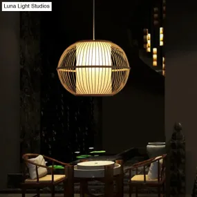 Handmade Asian Style Bamboo Hanging Light Fixture - 12"/14" Width, 1-Light, Beige Suspended Lamp with White Inner Shade