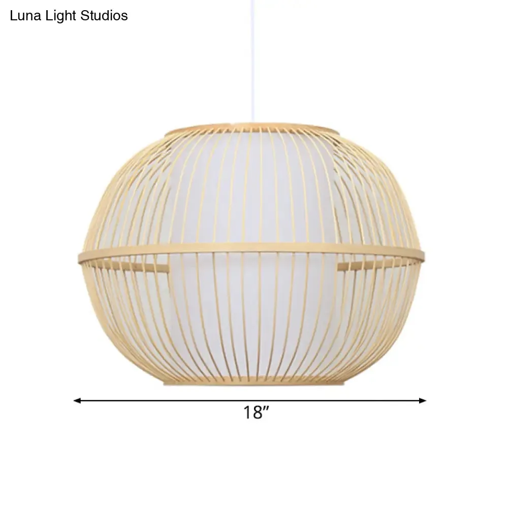 Handmade Asian Style Bamboo Hanging Light Fixture - 12"/14" Width, 1-Light, Beige Suspended Lamp with White Inner Shade