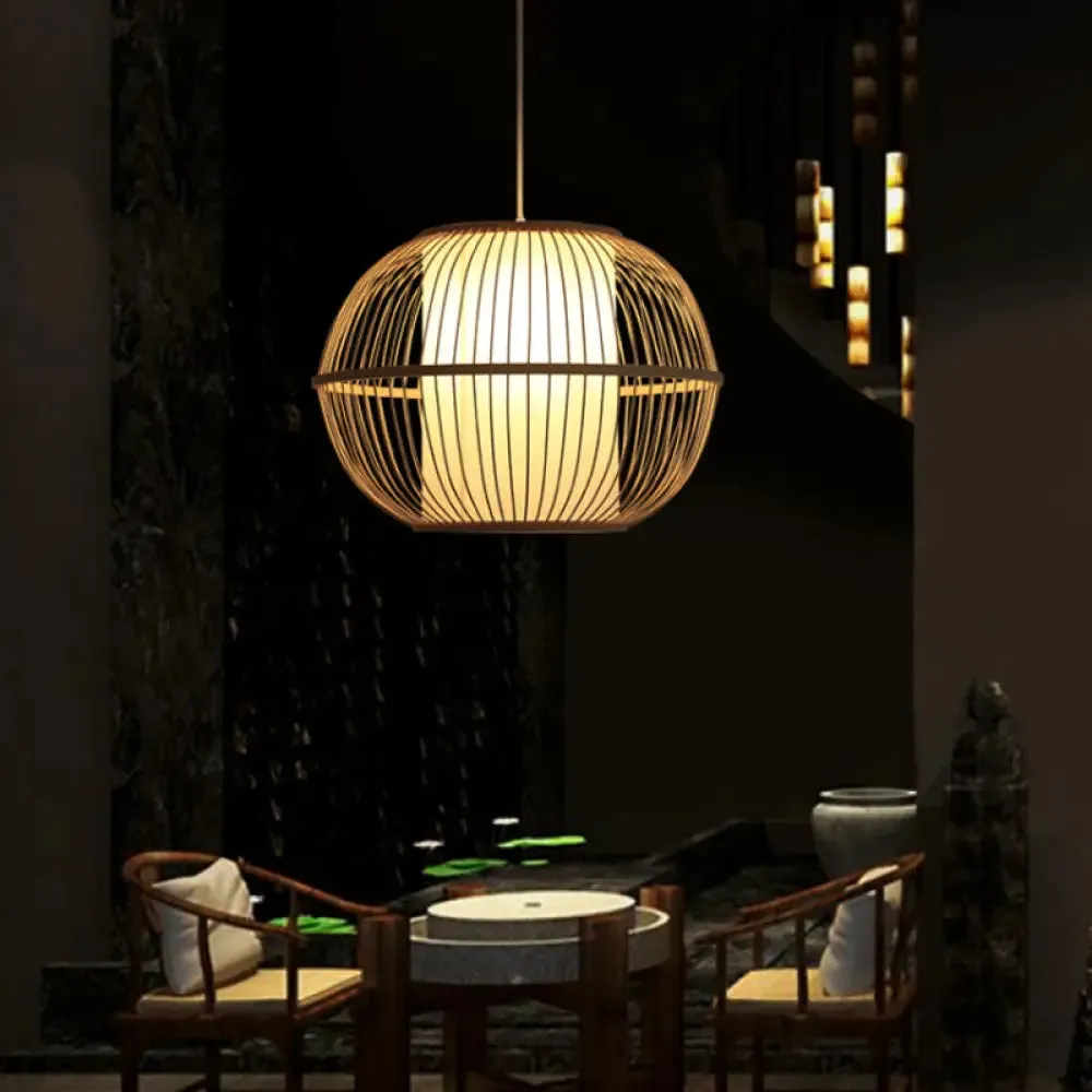 Handmade Asian Style Bamboo Hanging Light Fixture - 12"/14" Width, 1-Light, Beige Suspended Lamp with White Inner Shade