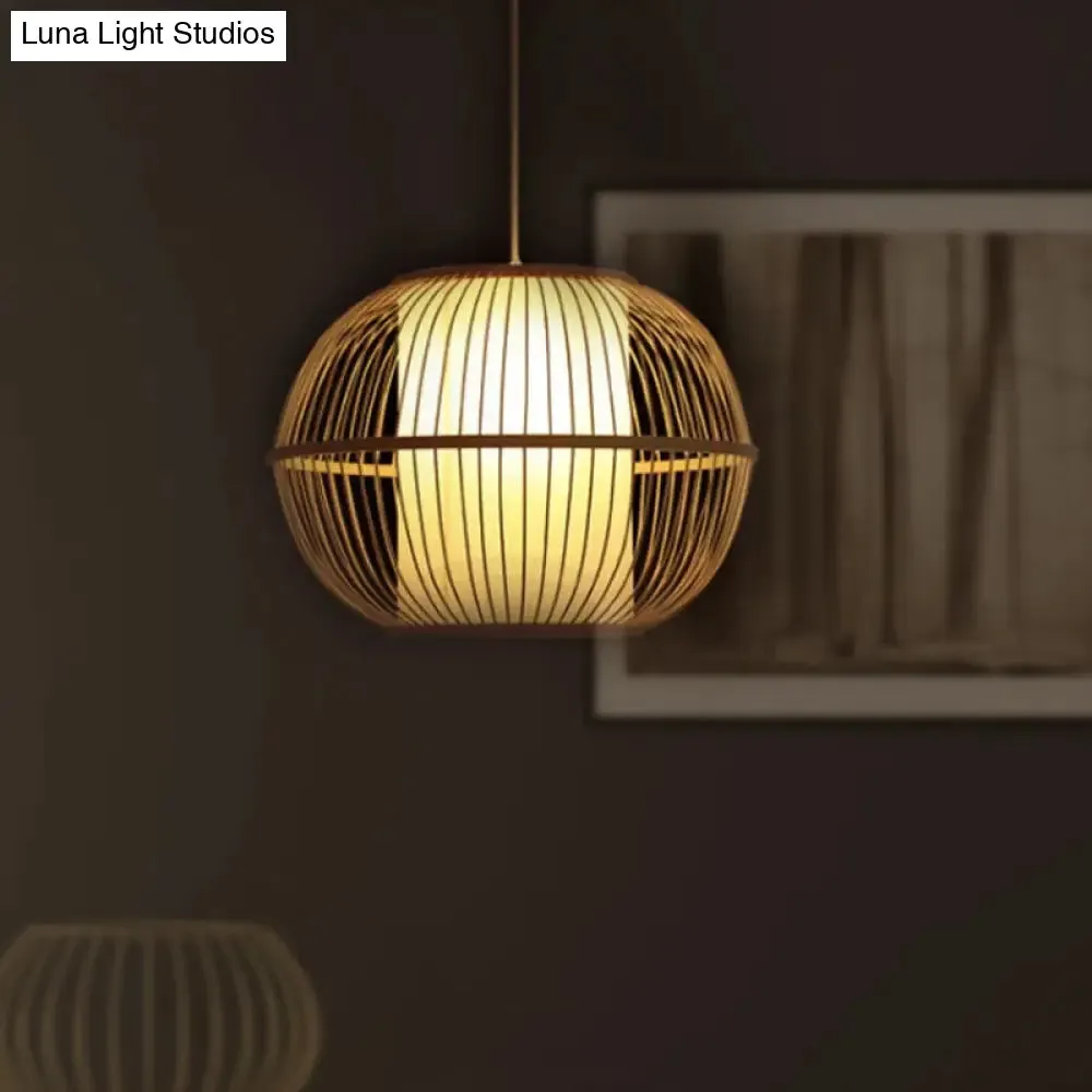 Handmade Asian Style Bamboo Hanging Light Fixture - 12"/14" Width, 1-Light, Beige Suspended Lamp with White Inner Shade