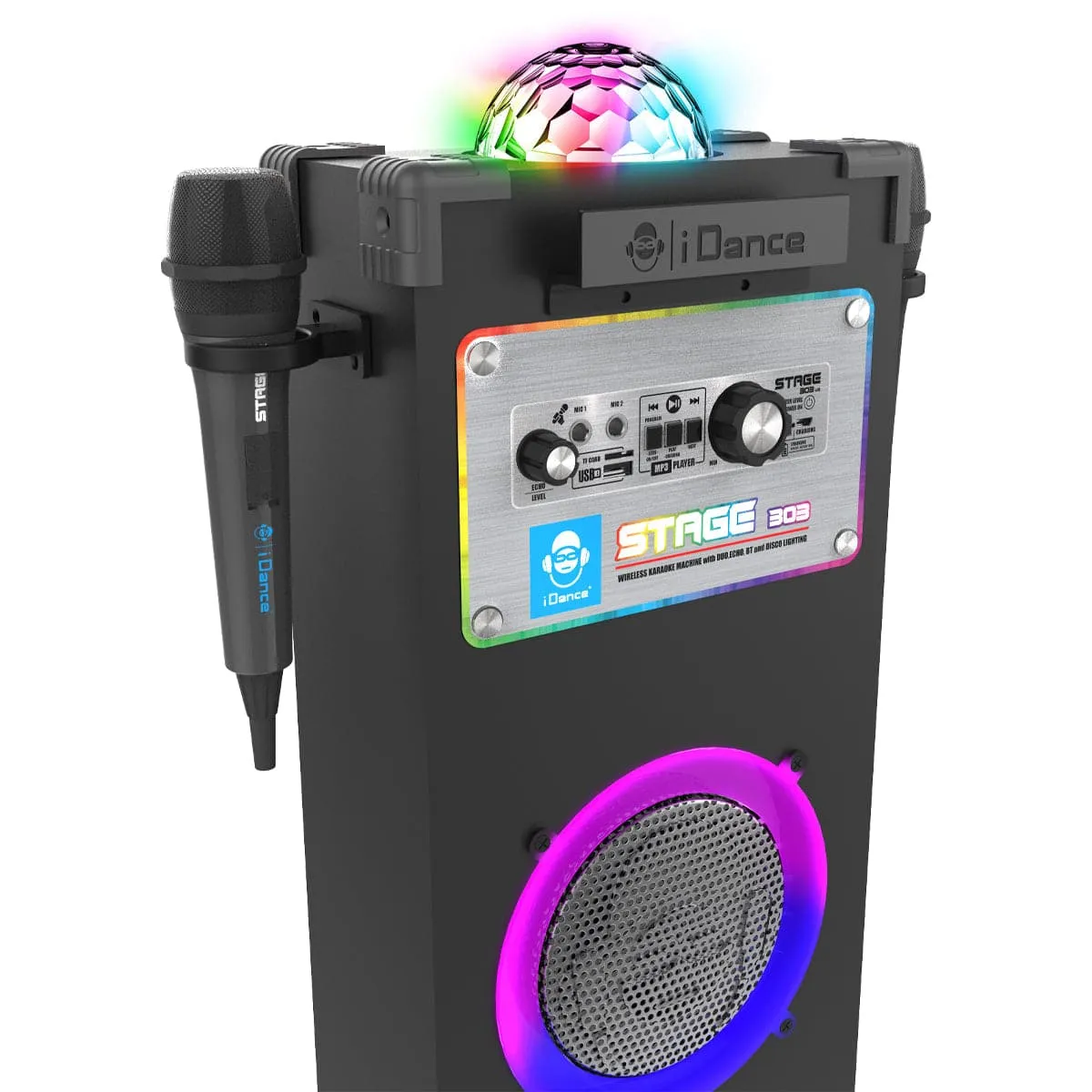 iDance 6-in-1 Wireless Karaoke Speaker with Disco Ball   2x Disco LED Rings