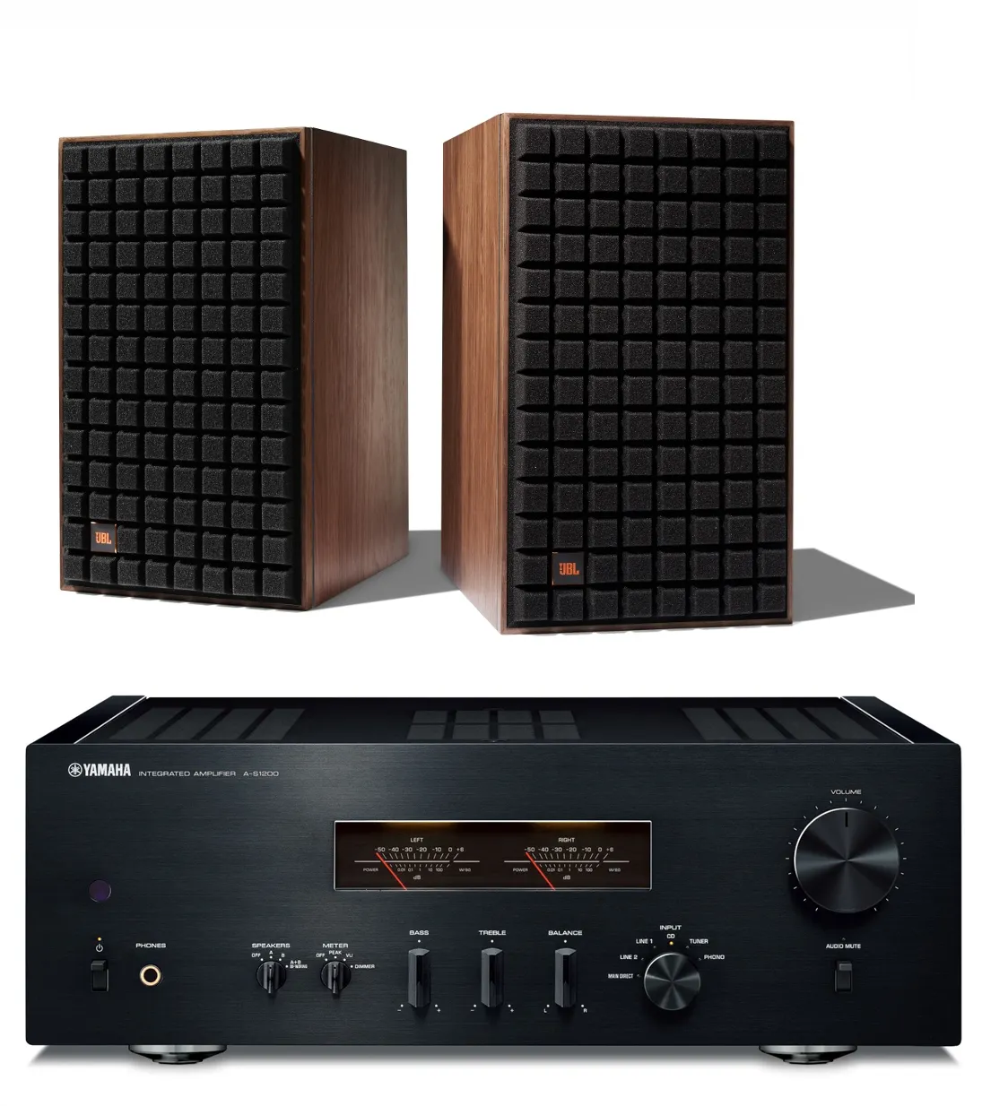 JBL L82 Classic 8 Inch 2-way Bookshelf Loudspeaker Pair with Yamaha A-S1200 Integrated Amplifier Bundle