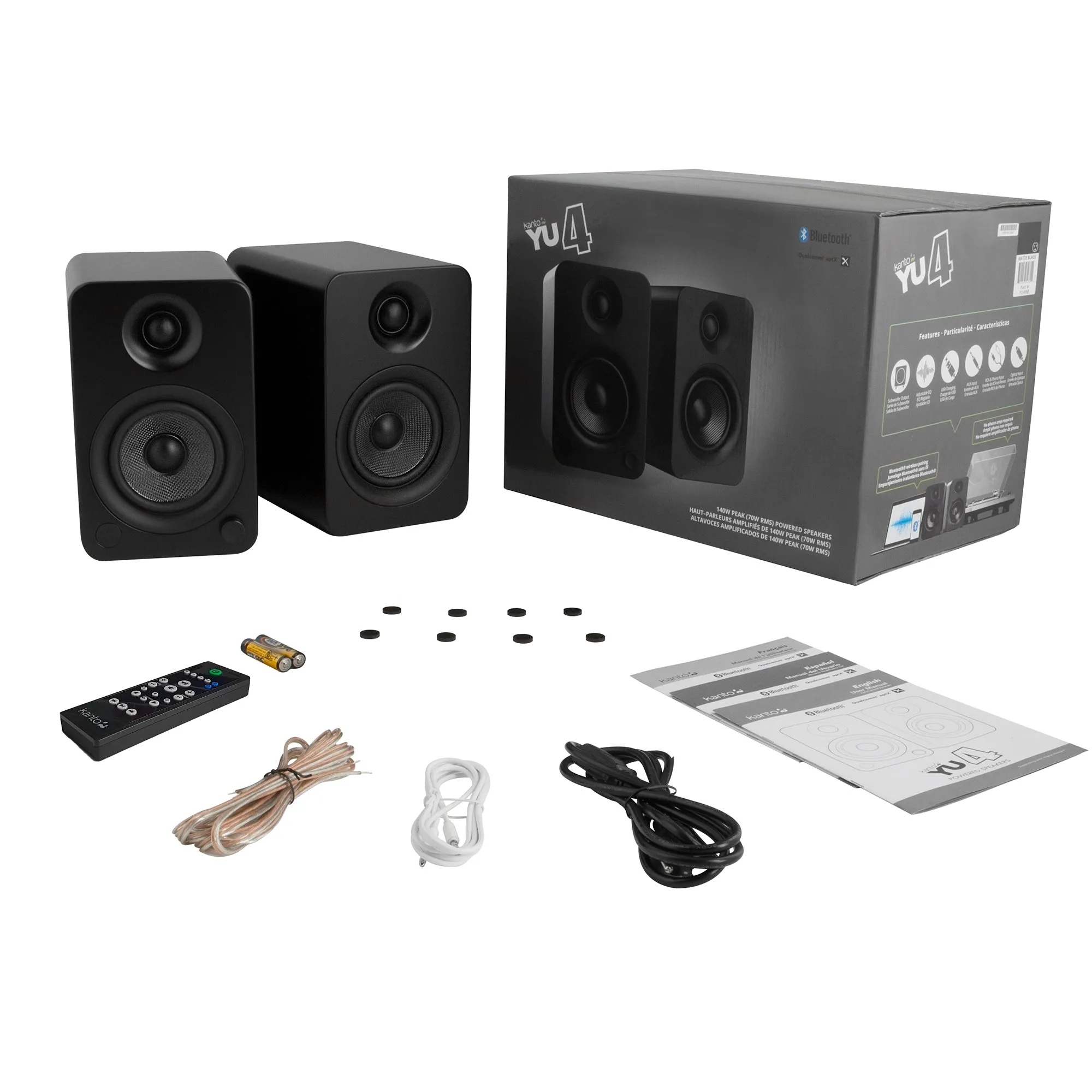Kanto YU4 140W Powered Bookshelf Speakers with Bluetooth and Phono Preamp - Pair, Matte Black with SP6HD Black Stand Bundle