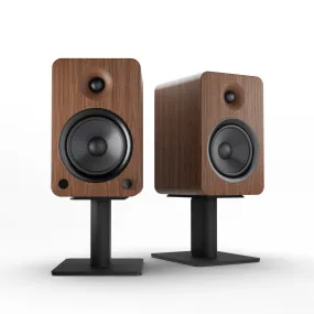 Kanto YU4 140W Powered Bookshelf Speakers with Bluetooth and Phono Preamp - Pair, Walnut with SP6HD Black Stand Bundle