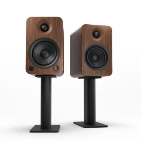 Kanto YU4 140W Powered Bookshelf Speakers with Bluetooth and Phono Preamp - Pair, Walnut with SP9 Black Stand Bundle