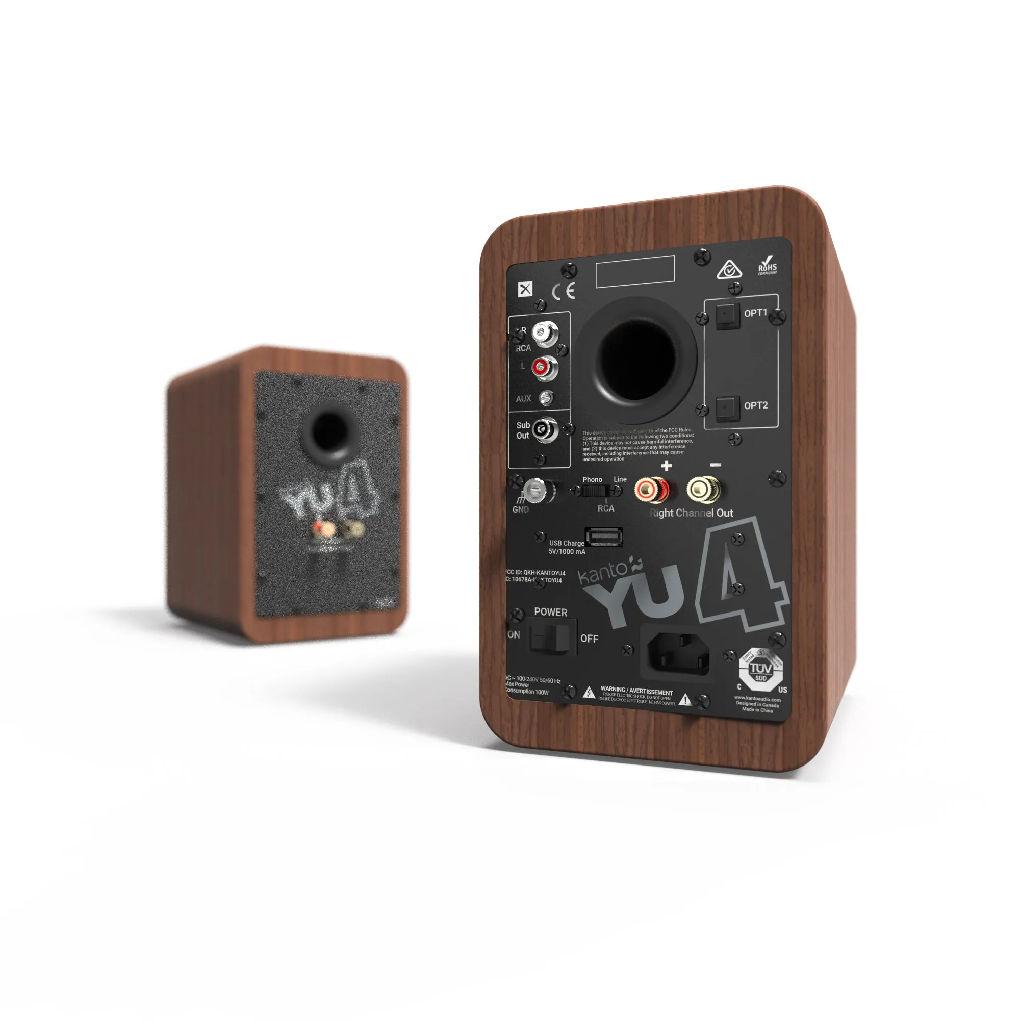 Kanto YU4 140W Powered Bookshelf Speakers with Bluetooth and Phono Preamp - Pair, Walnut with SP9 Black Stand Bundle