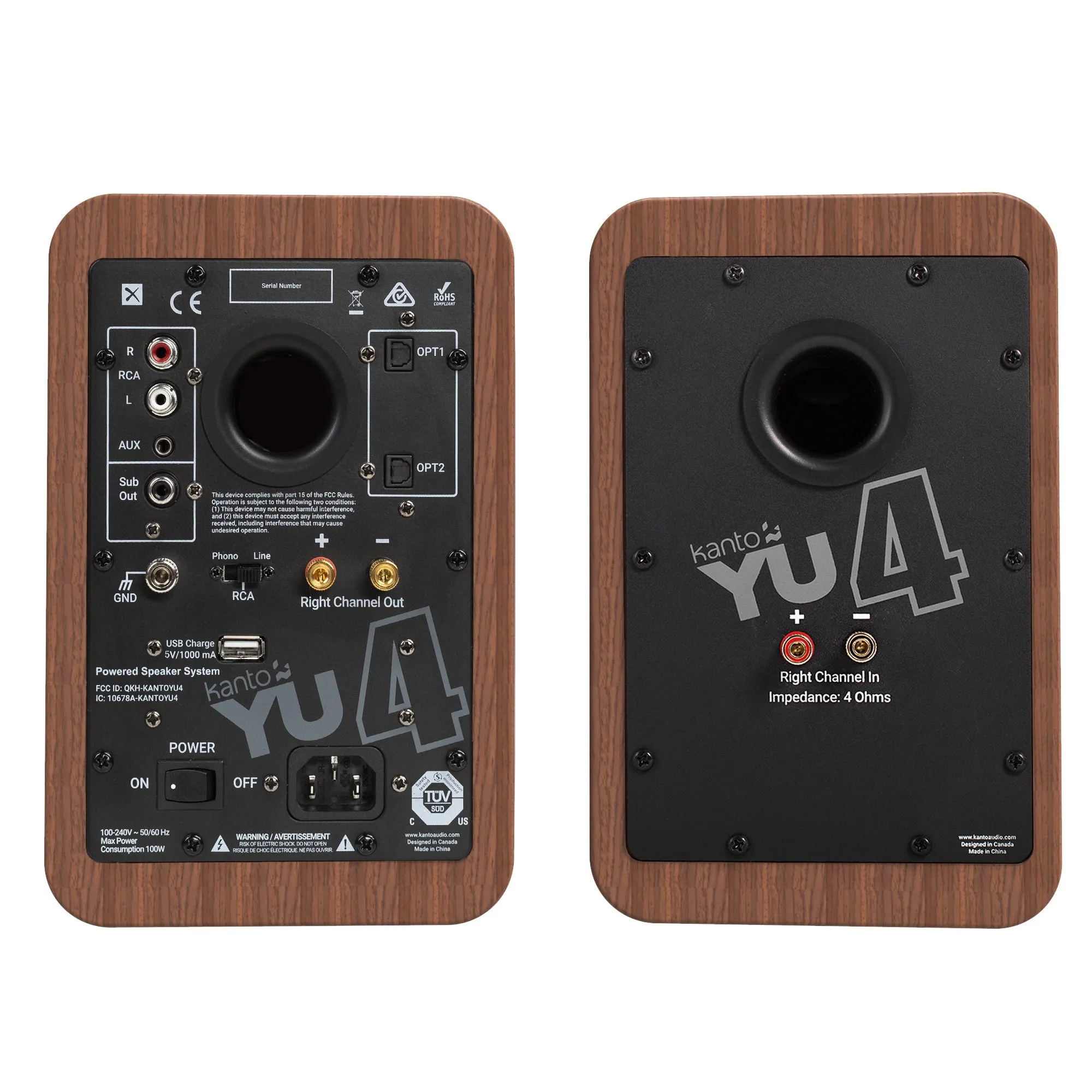 Kanto YU4 140W Powered Bookshelf Speakers with Bluetooth and Phono Preamp - Pair, Walnut with SP9 Black Stand Bundle