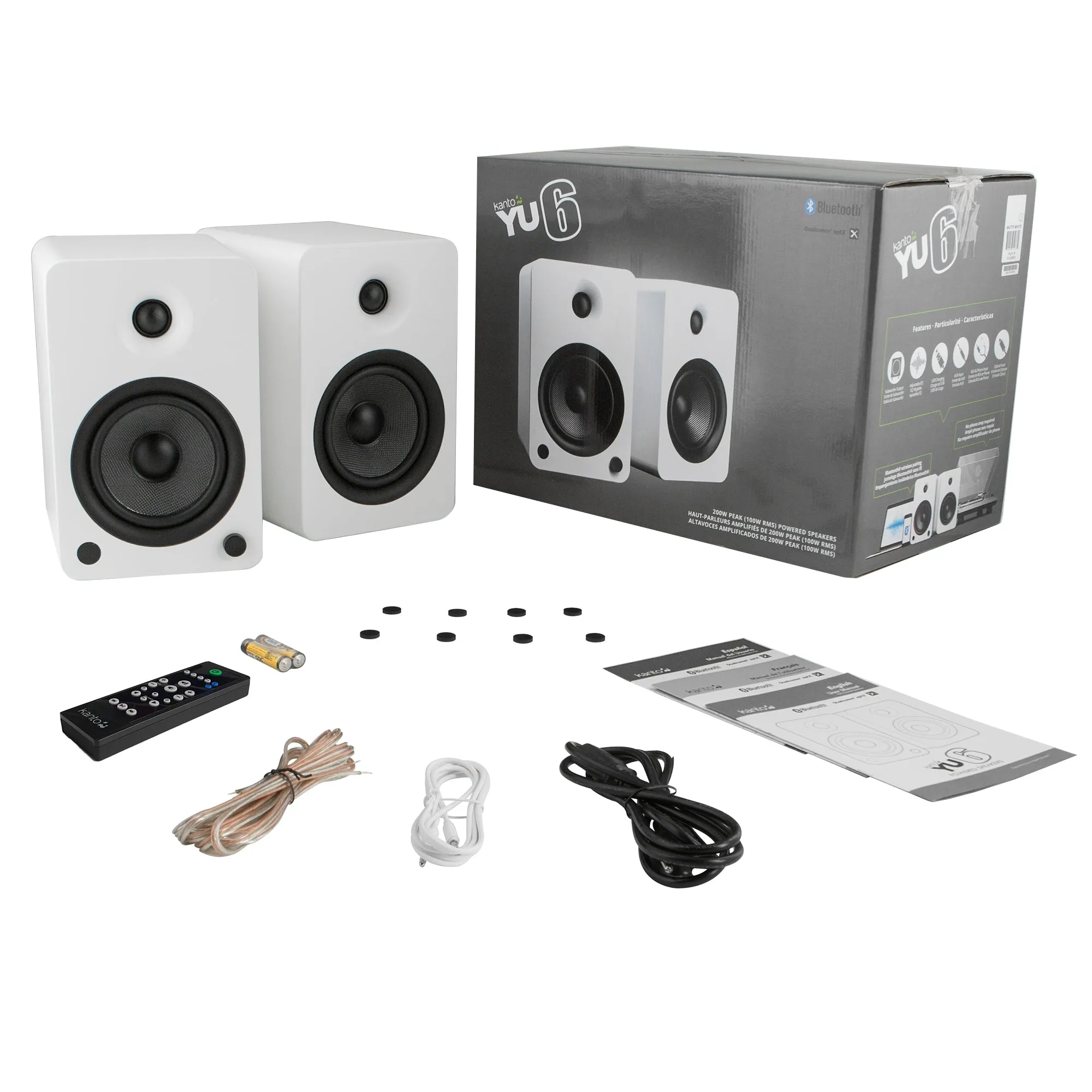 Kanto YU6 200W Powered Bookshelf Speakers with Bluetooth and Phono Preamp - Pair, Matte White with S6W White Stand Bundle