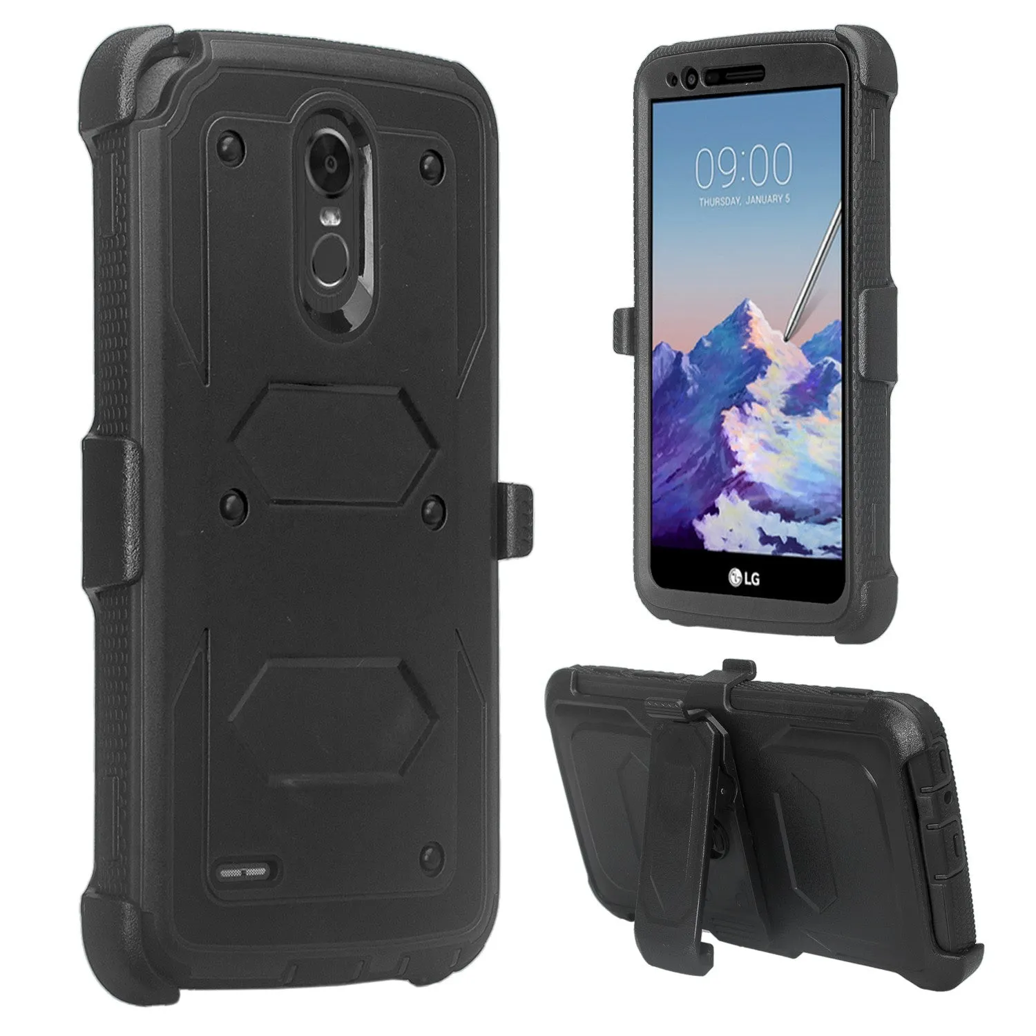 LG Stylo 3 Case, LG Stylo 3 Plus Case, Triple Protection 3-1 w/ Built in Screen Protector Heavy Duty Holster Shell Combo Case for LG Stylo 3 - Black