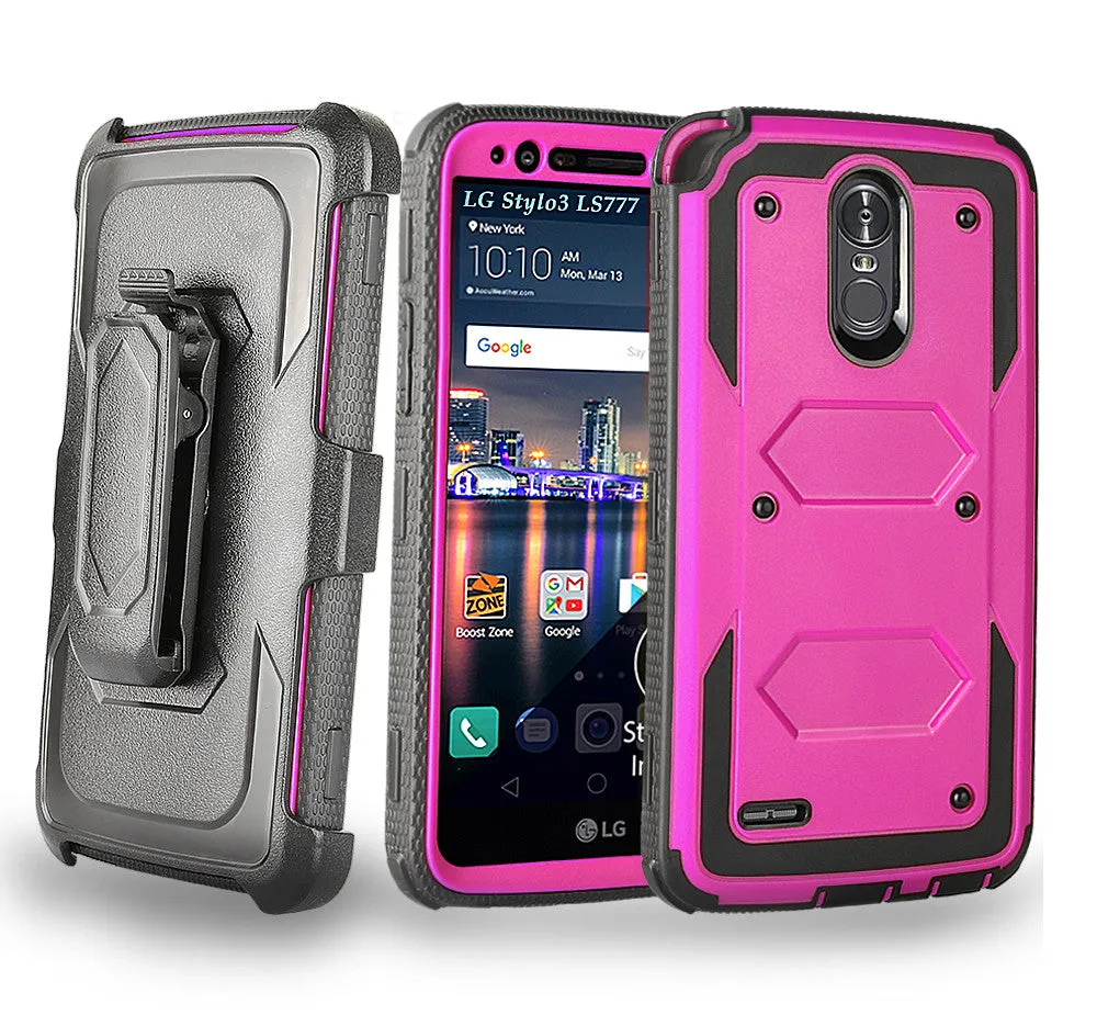 LG Stylo 3 Case, LG Stylo 3 Plus Case, Triple Protection 3-1 w/ Built in Screen Protector Heavy Duty Holster Shell Combo Case for LG Stylo 3 - Purple