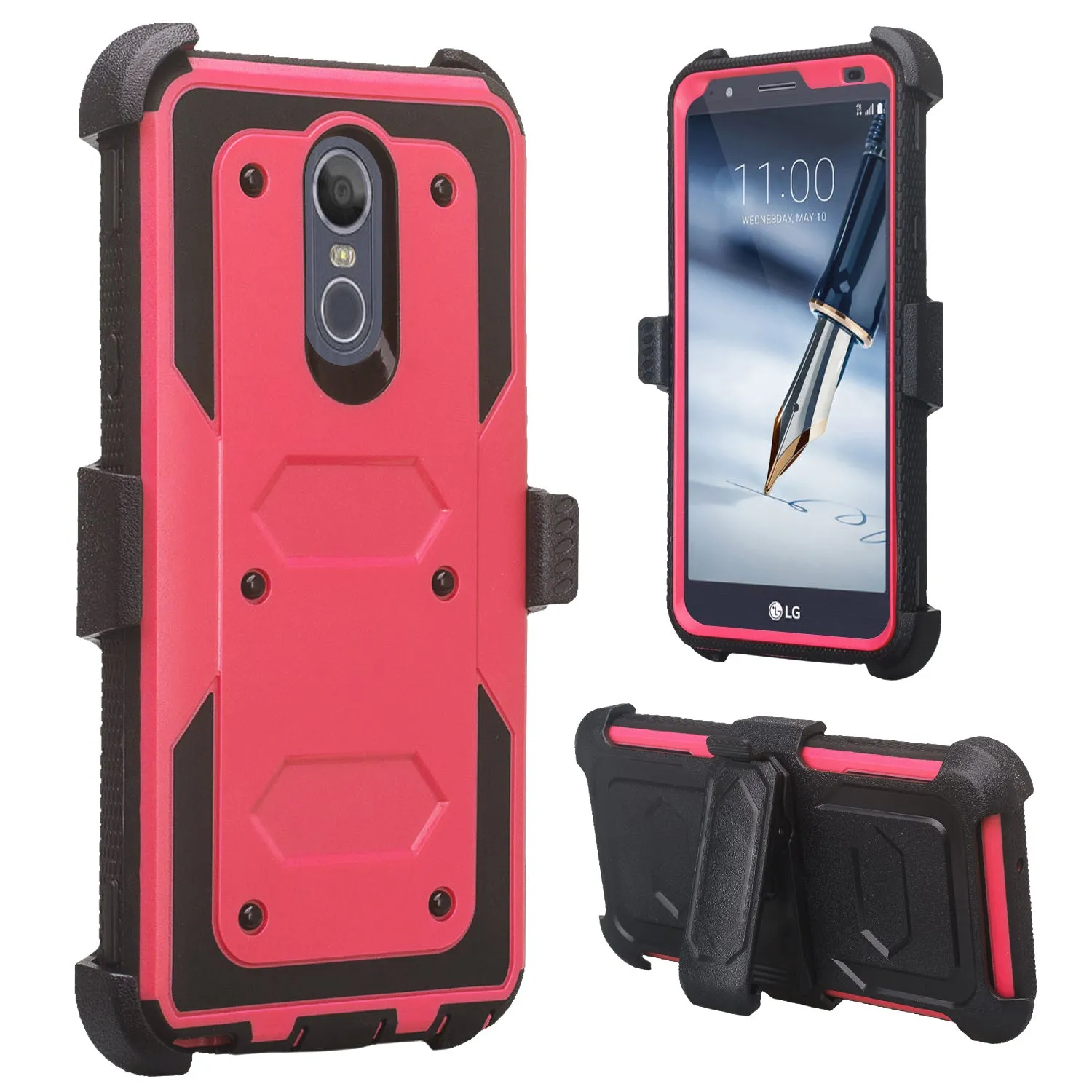 LG Stylo 5 Case, Stylo 5, Triple Protection 3-1 w/ Built in Screen Protector Heavy Duty Holster Shell Combo Case - Hot Pink