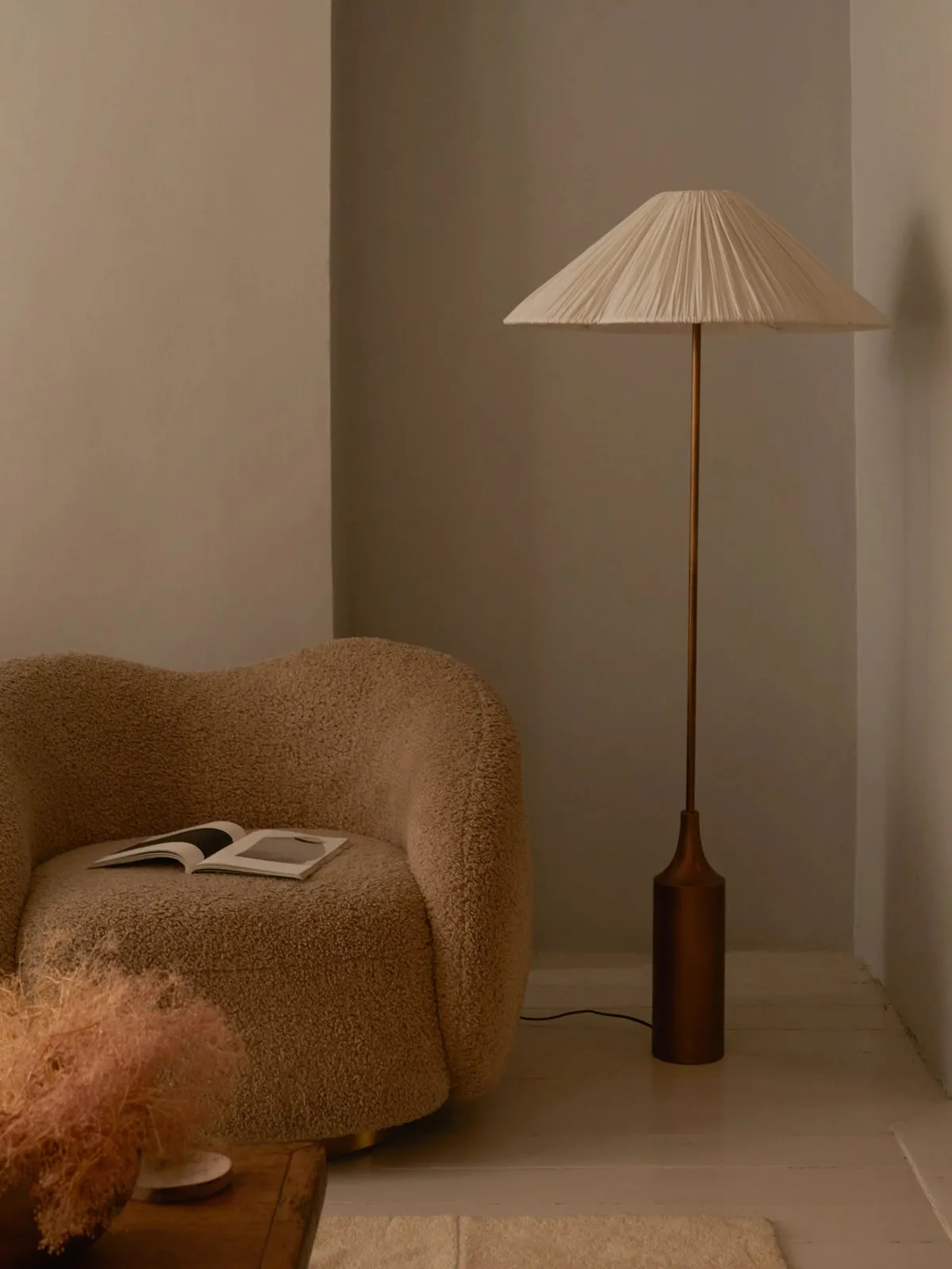 Lindi - aged brass and linen scalloped floor lamp