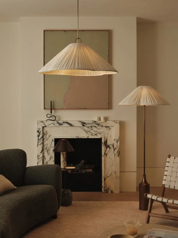 Lindi - aged brass and linen scalloped floor lamp