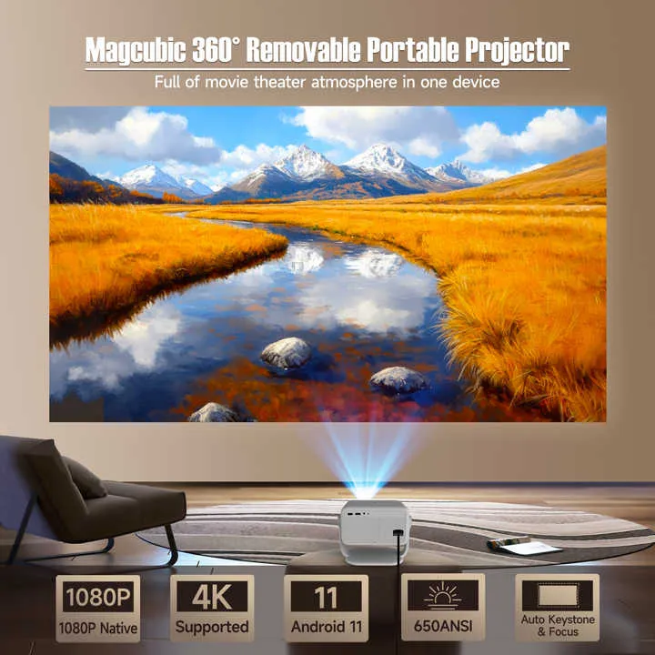 Magcubic 650ANSI Smart L018 Projector – 4K & 1080p, Auto Focus & Keystone Correction, Android 11, Bluetooth 5.2, Portable & Compact Projector
