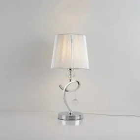Modern Chrome LED Night Table Lamp with Crystal Droplet - Fabric Barrel Shade Task Lighting