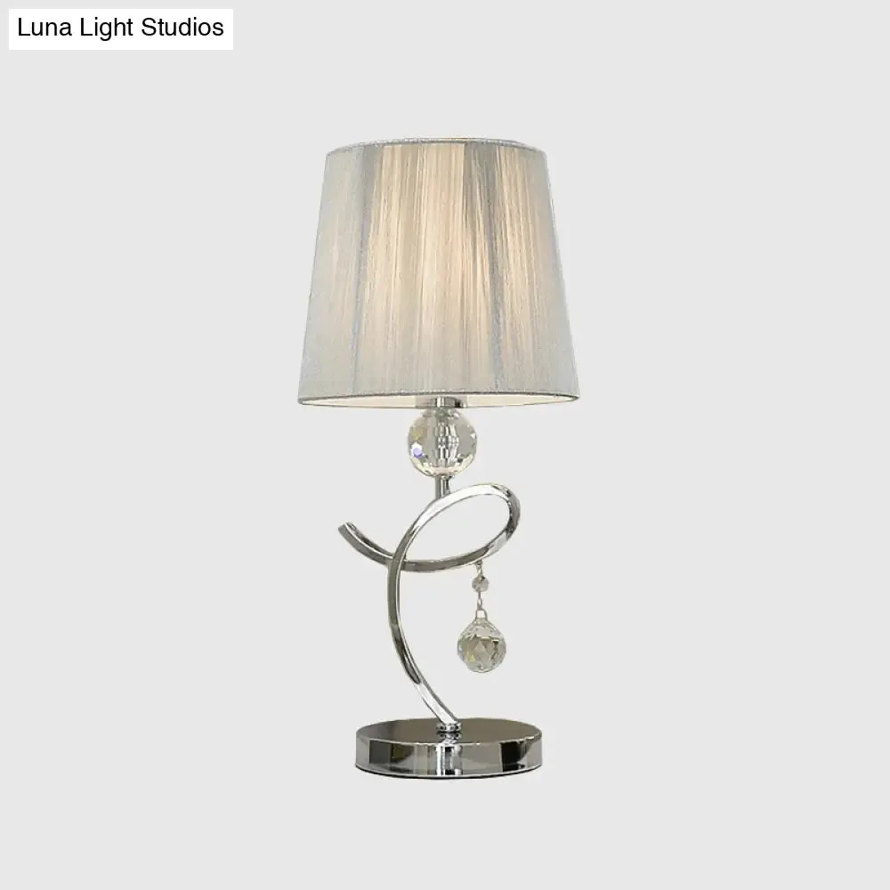 Modern Chrome LED Night Table Lamp with Crystal Droplet - Fabric Barrel Shade Task Lighting
