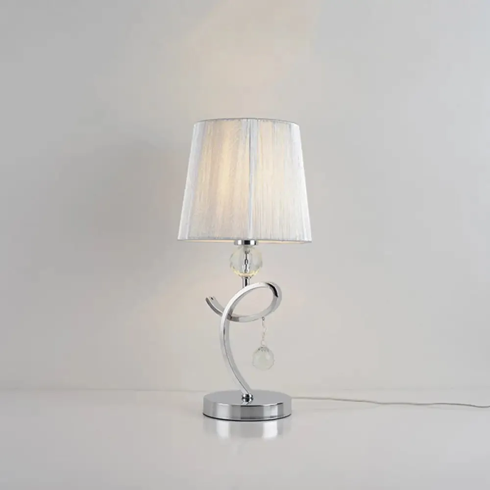 Modern Chrome LED Night Table Lamp with Crystal Droplet - Fabric Barrel Shade Task Lighting