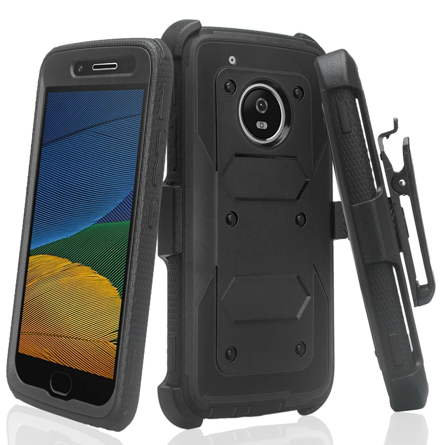 Motorola Moto G5 Plus Case, Triple Protection 3-1 w/ Built in Screen Protector Heavy Duty Holster Shell Combo Case for Moto G5 Plus - Black