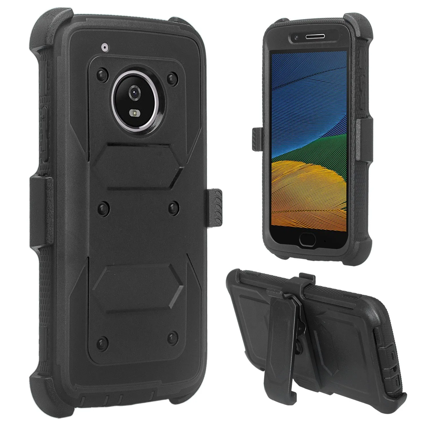 Motorola Moto G5 Plus Case, Triple Protection 3-1 w/ Built in Screen Protector Heavy Duty Holster Shell Combo Case for Moto G5 Plus - Black