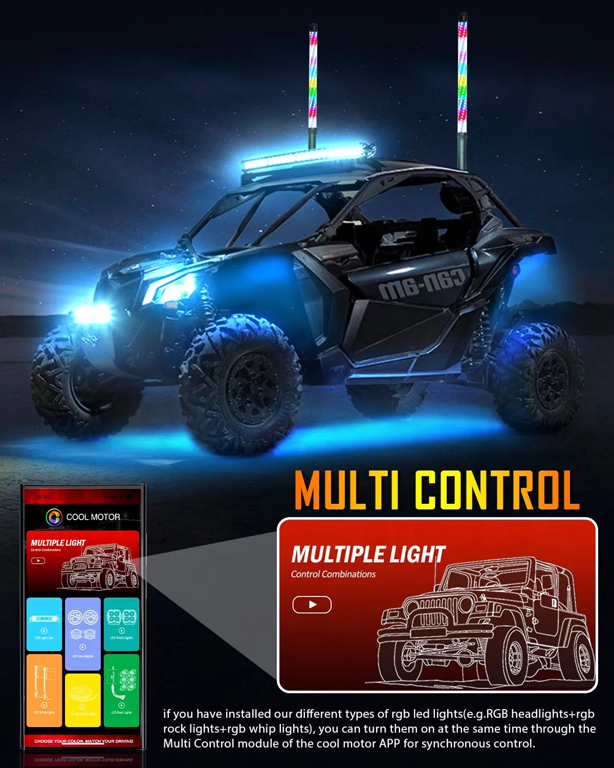New 2.2FT LED RGB Whip Lights with Turn Signal & Brake Light, Bluetooth APP/ Remote Control