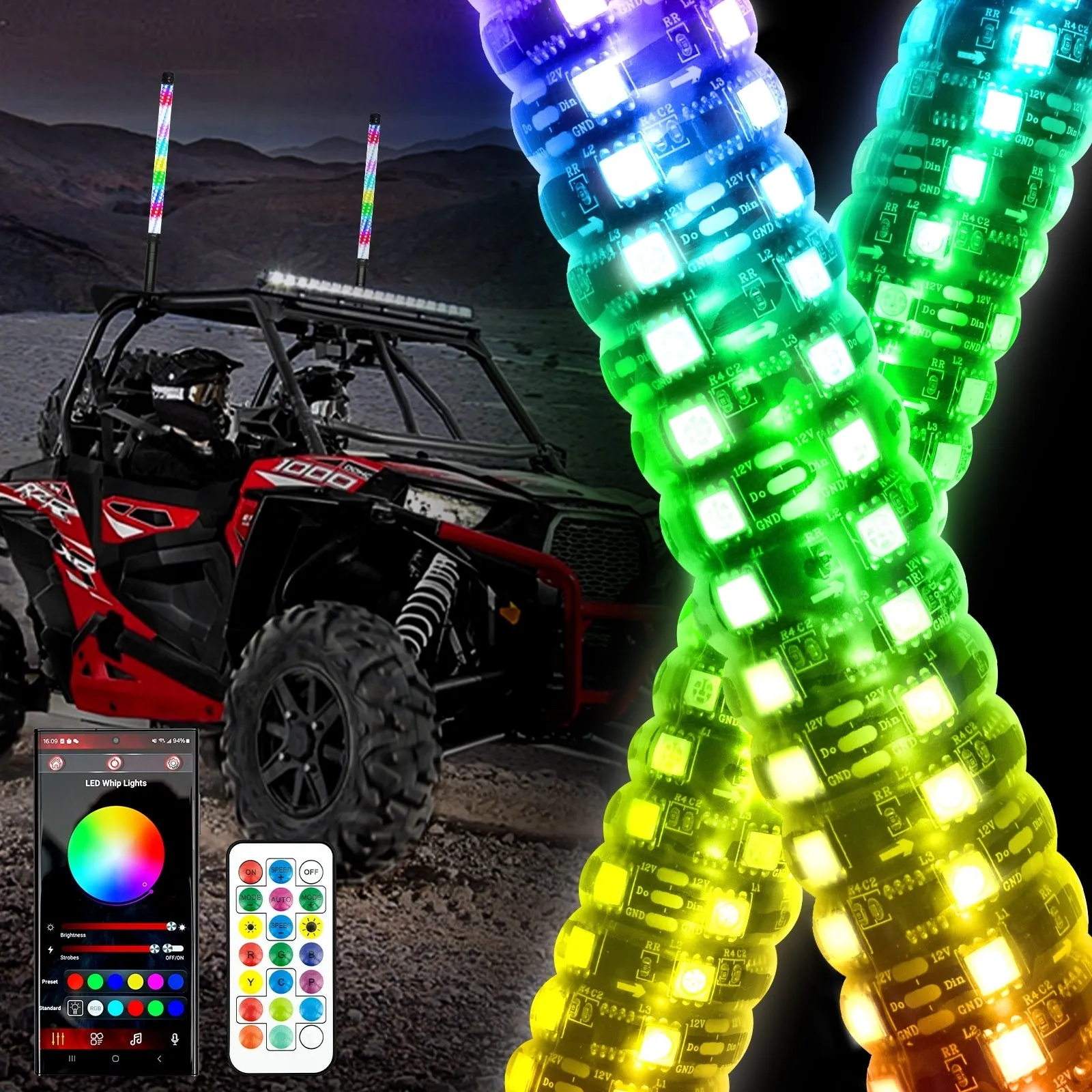 New 2.2FT LED RGB Whip Lights with Turn Signal & Brake Light, Bluetooth APP/ Remote Control