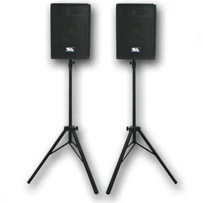 Pair of 10" PA Speakers with two tripod speaker stands