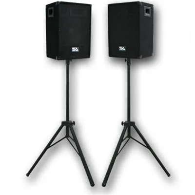 Pair of 10" PA Speakers with two tripod speaker stands